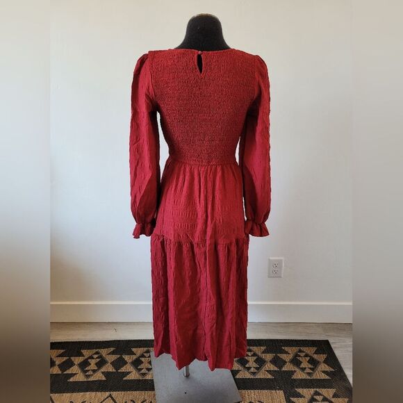 Red Peasant Dress Midi Smocked Puff Sleeve Cottagecore Tiered Maiden Milkmaid S - Picture 5 of 11
